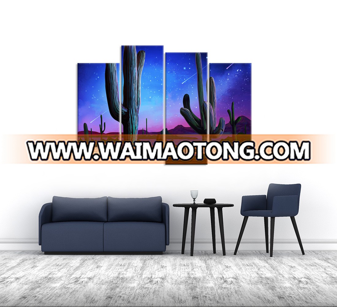 4 Panel Wall Art Arizona Cactus The Picture Saguaros Sonoran Desert Starry Night Landscape Print on Canvas for Modern Home Decor