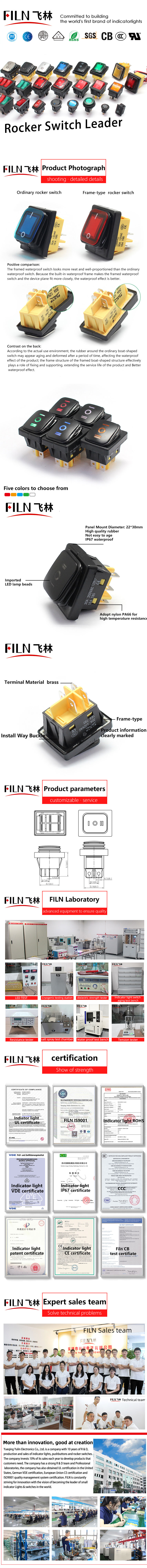 ON-OFF-ON 22*30MM 30A/12V heavy duty 6 pins FILN  rocker switch with red yellow blue green white light with black painting