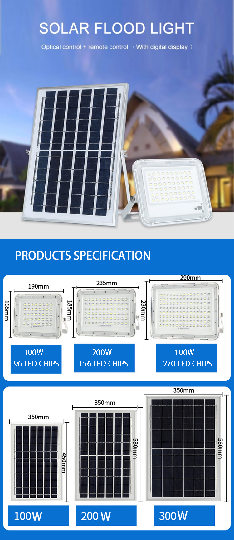 IP65 outdoor remote control aluminum smd 100w 200w 300w solar powered led flood light