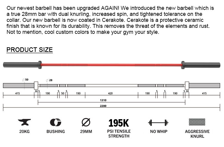 20kg Weight Lifting Barbell Powerlifting Bar Weightlifting Bar Fitness 2000lb Cerakote Barbell