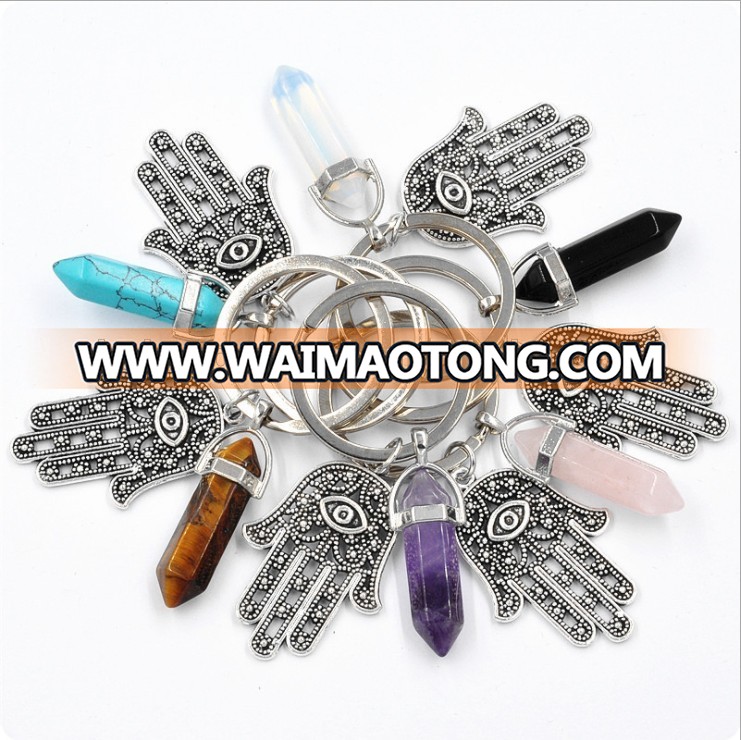 Wholesale natural hexagonal crystal column metal keychain