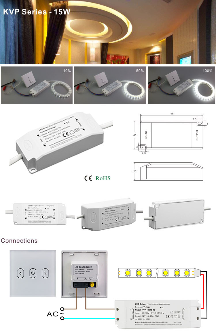 15W 12V 24V PWM Output Triac Dimmable Constant Voltage Mini LED Strip Driver