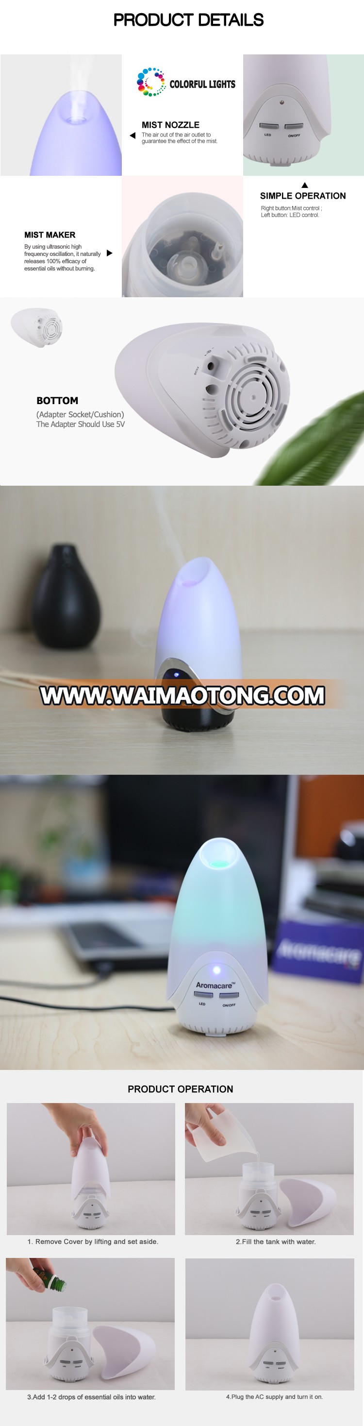 Aromacare 40ml Mini USB Car Humidifier Aromatherapy Oil Diffuser With Colorful Changing LED Light