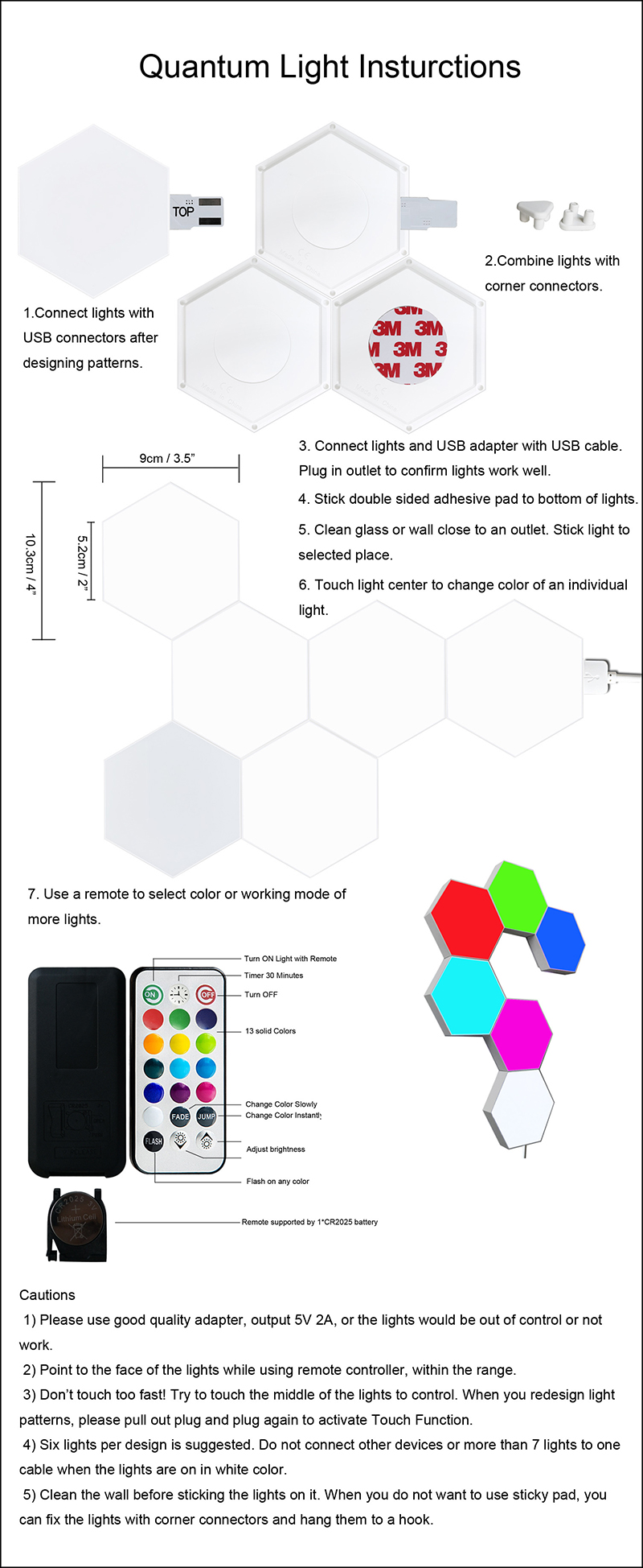 Color Version 6PCS Human Body Induction Quantum Honeycomb Wall Lamp RGB SMD LED Night Light with 1.5M USB Cable Remote Control