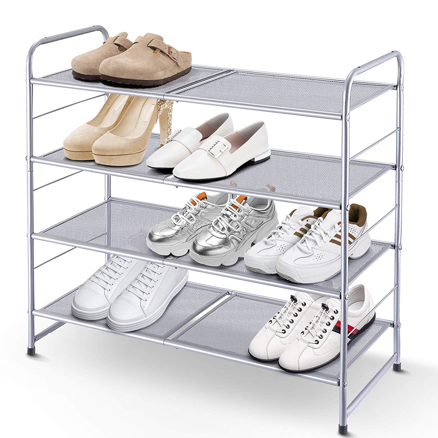 4 Tier Stackable Shoes Rack Expandable Adjustable Shoe Shelf Storage Organizer Metal Mesh  METAL SHOE DISPLAY RACKs Silver