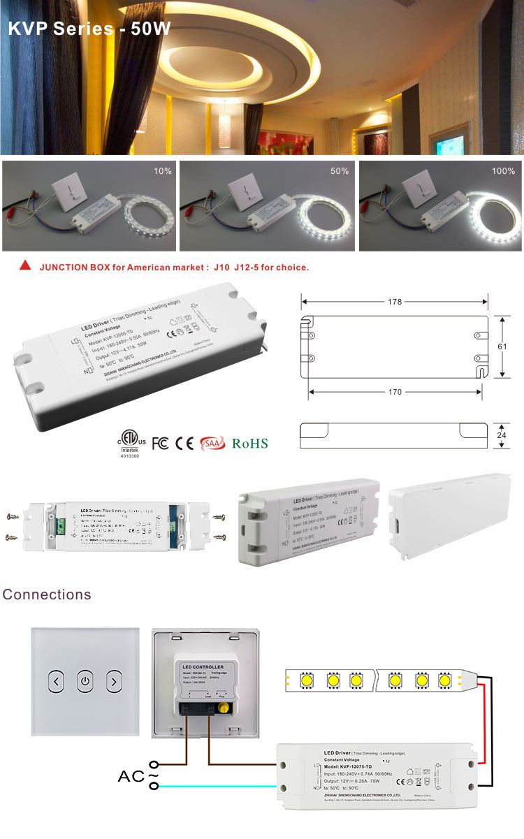 50W 12V 24V DC PWM Output Plastic Triac Dimmable Constant Voltage LED Driver