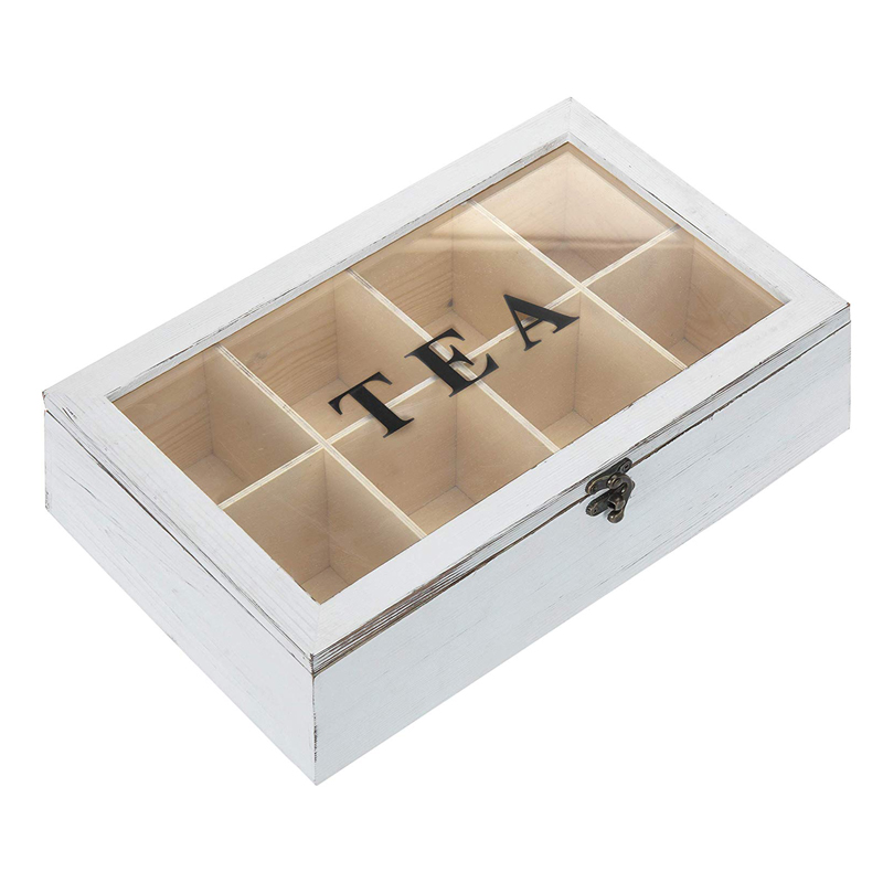 4-Compartment Multipurpose Organization Display Box Wood tea bag box with Clear Lid