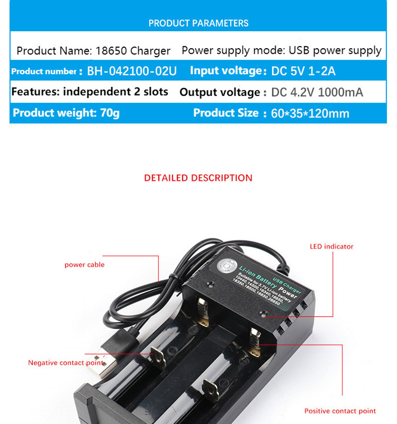 2 Solt battery  charger USB battery charger 3.7V 18650 lithium battery charger