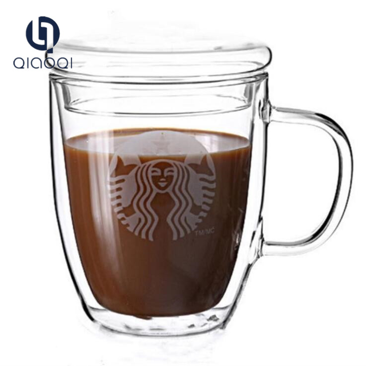 Hot sale high quality pyrex clear 350ml double wall glass coffee mug with lid