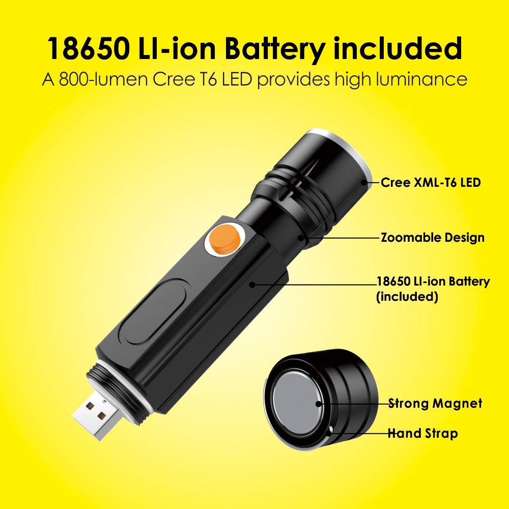 USB Rechargeable flashlight with COB Worklight and Magnetic Base Zoomable LED Tactical Flashlight