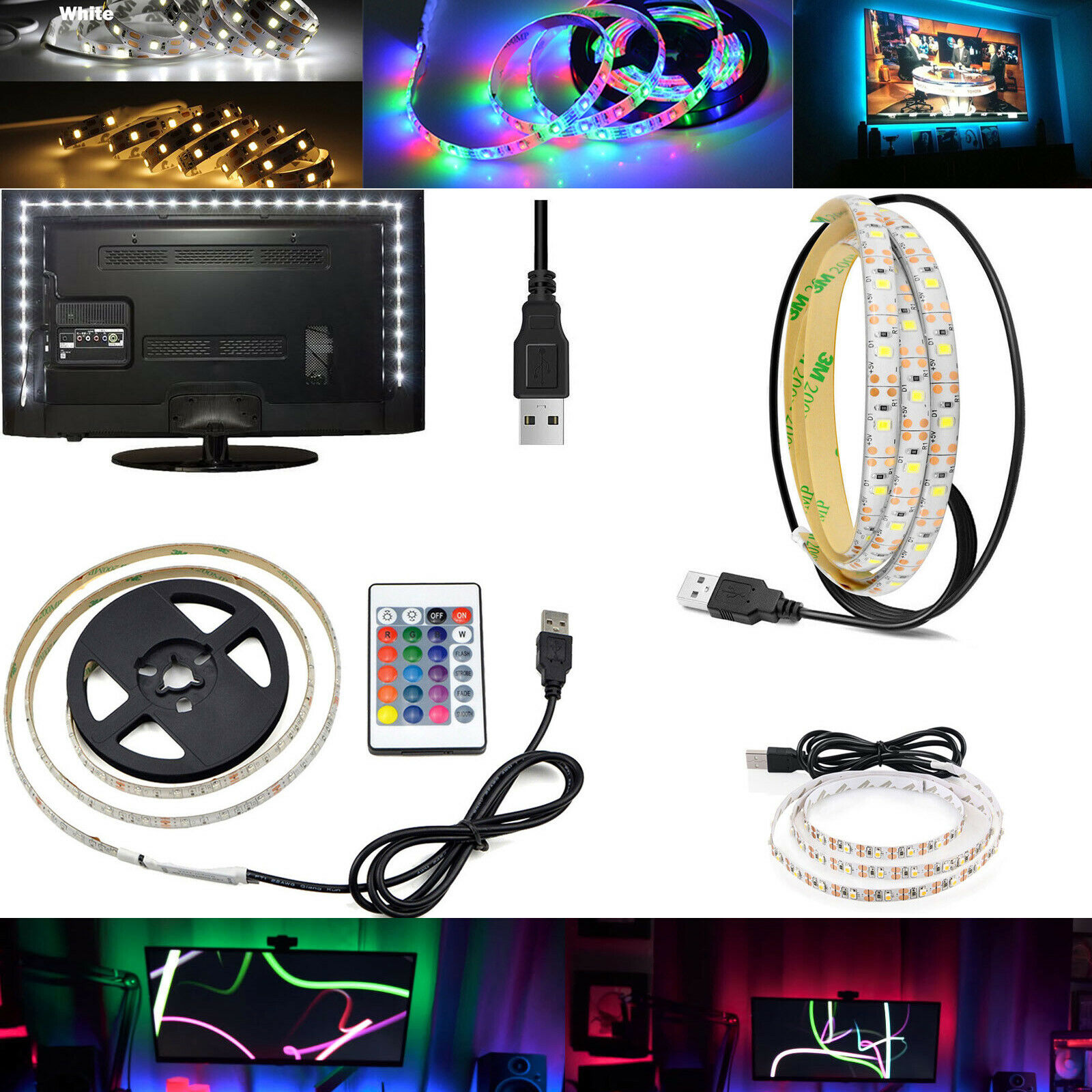 Flexible  USB Powered 5 V RGB LED Strip Light 2835 SMD 1M 2M 3M Waterproof Tape for TV Backlight Lighting With Remote Control