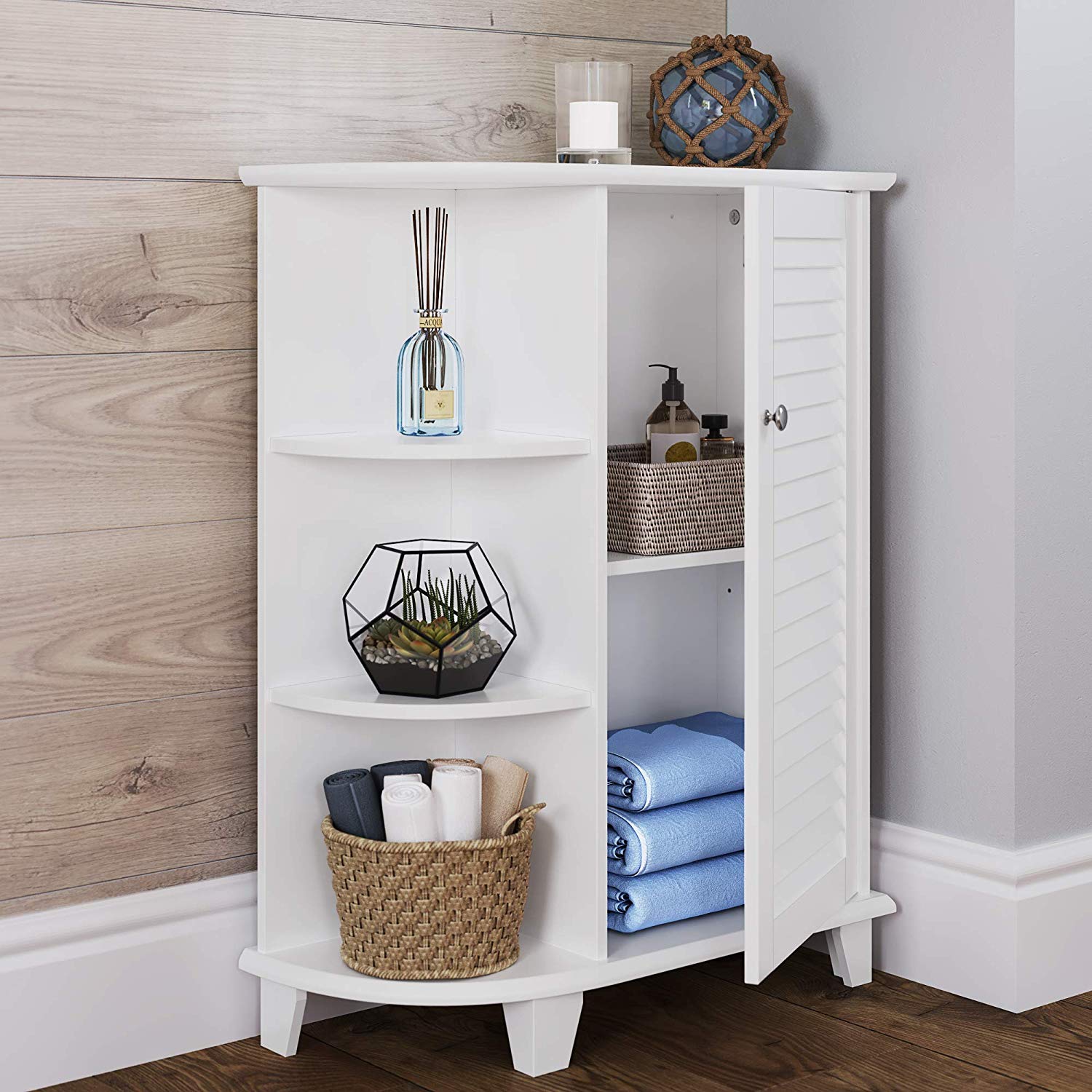 White Wood Floor Bathroom Side Cabinet with Door and Shelf