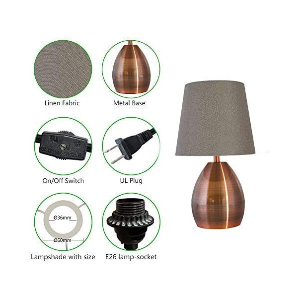 JLT-4592 Unique Metal Base Antique Brass Nickel Table Lamp With Gray Linen Shade for Home Bedroom Bedside Nightstand Light