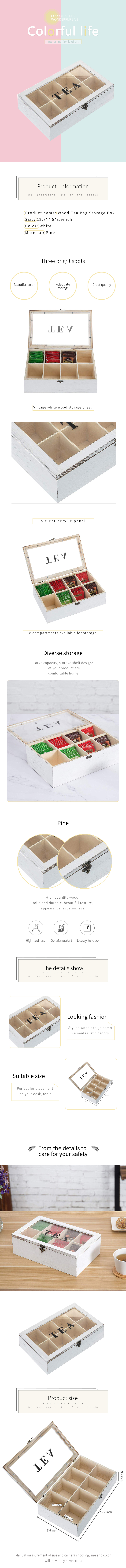 8-Compartment Vintage White Wood Tea Bag Storage Box with Lid