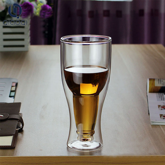 Customize Creative new design insulated 350ml 450ml upside down bottle borosilicate beer coffee double wall glass cup mug