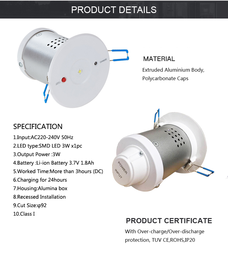 2019 led downlight Compact recessed 3W led emergency downlight with Lithium battery pack