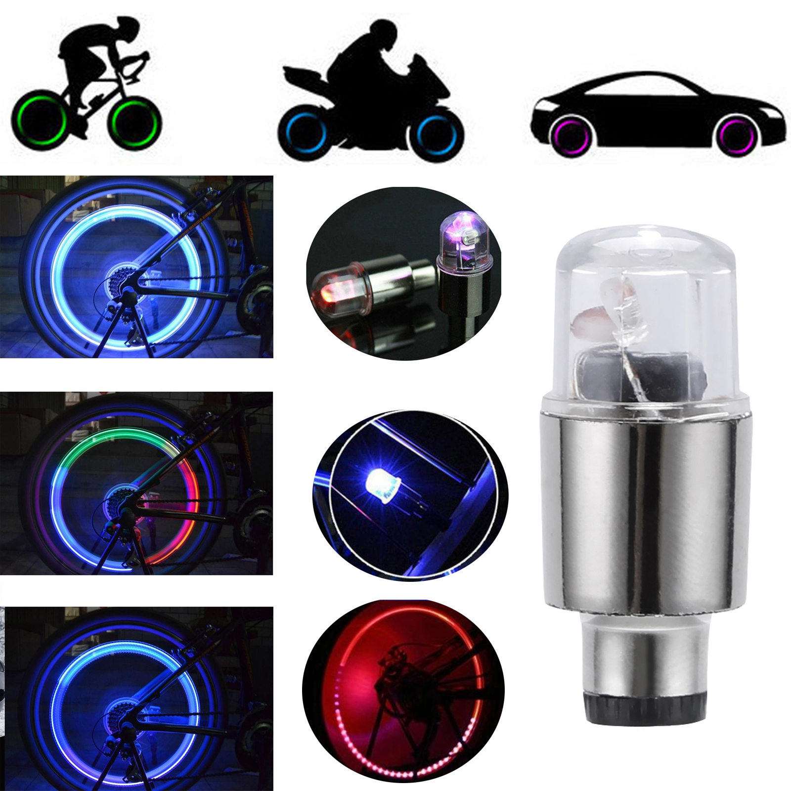 2Pcs Red Flash LED Wheel Lights Valve Caps For Bike Car Motorcycle Battery Included