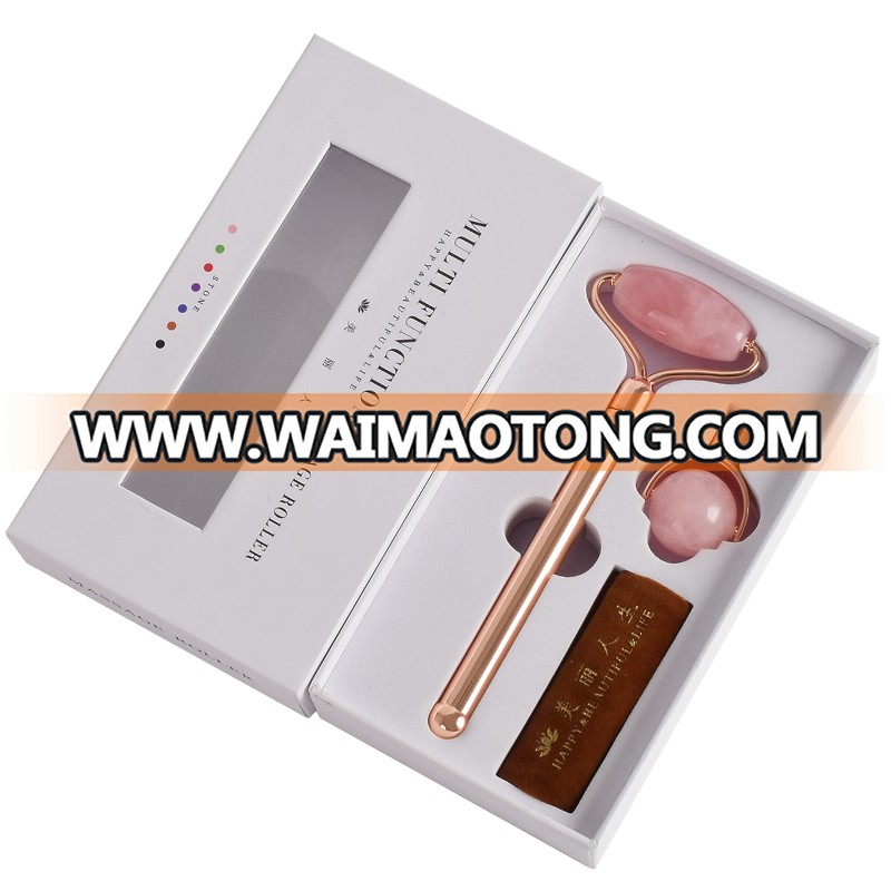 2019 newest amazon jade facial roller set, natural rose quartz roller set with customized metal handle