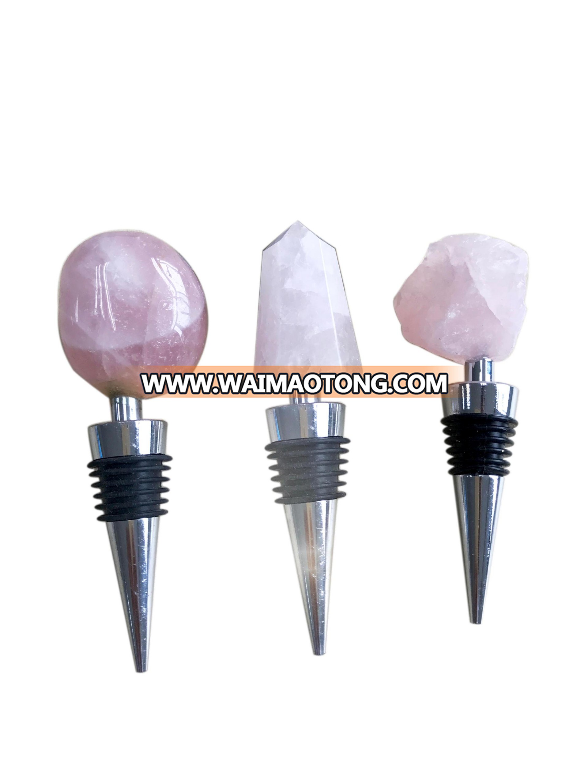 natural rose quartz crystal wine stopper gemstone metal wine stopper