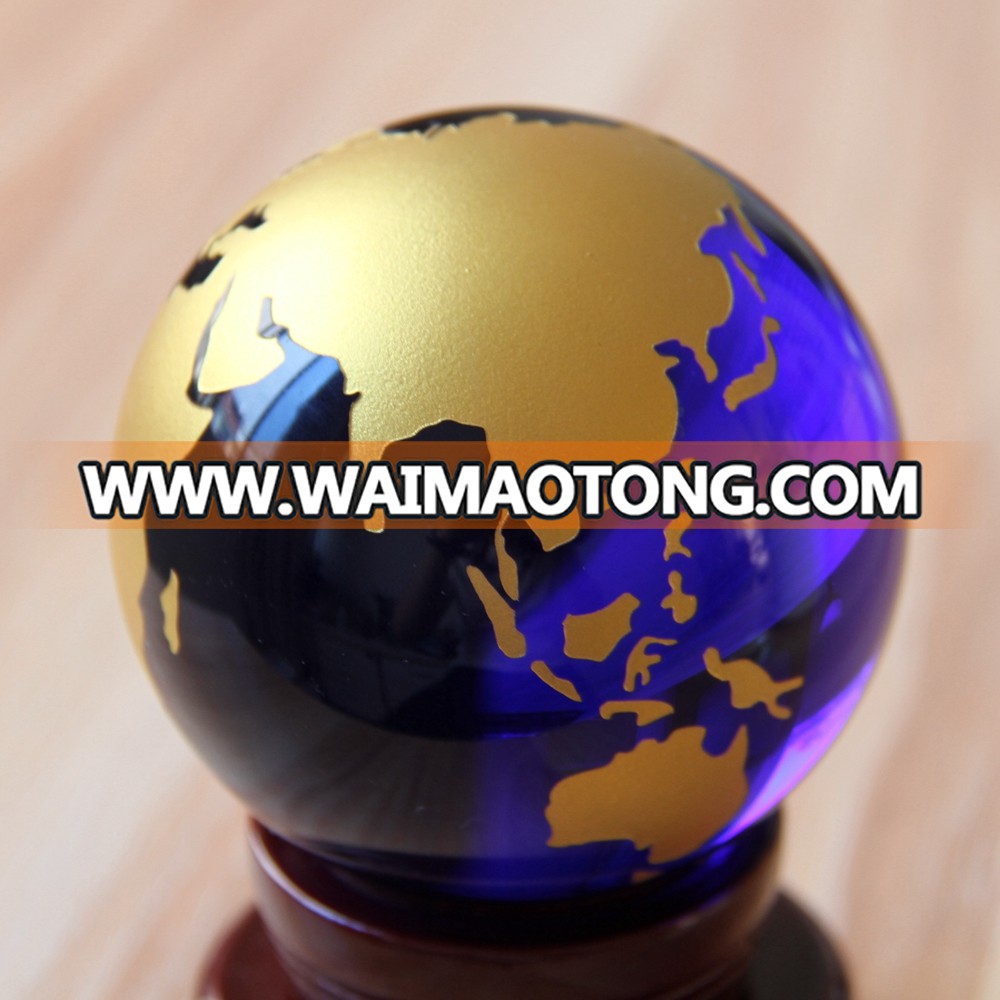 80mm blue globe ball sandy blast with golden color round crystal blue globe ball with wooden base with gift box