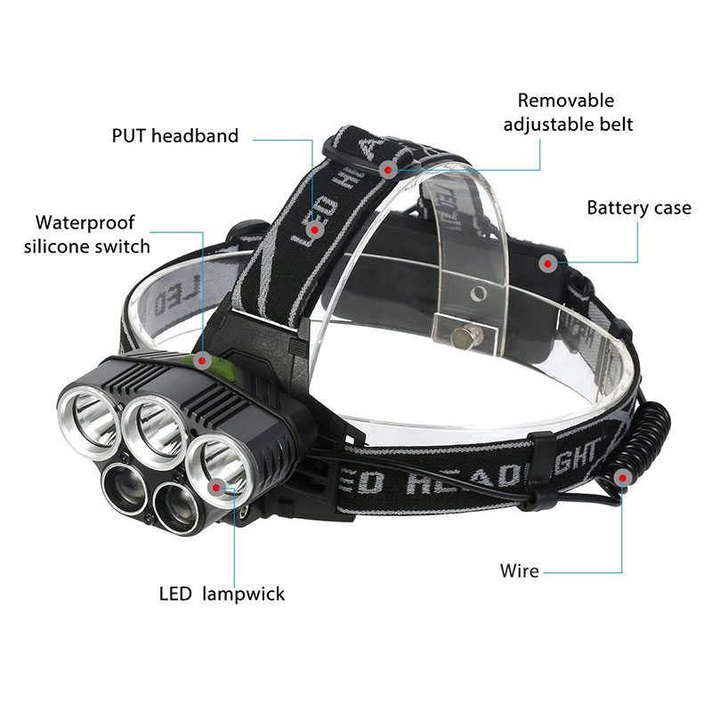 High Quality Aluminum 1800 Lumen Rechargeable 5LED Headlamp Brightest 18650 3*T6+2*R2 LED Headlight