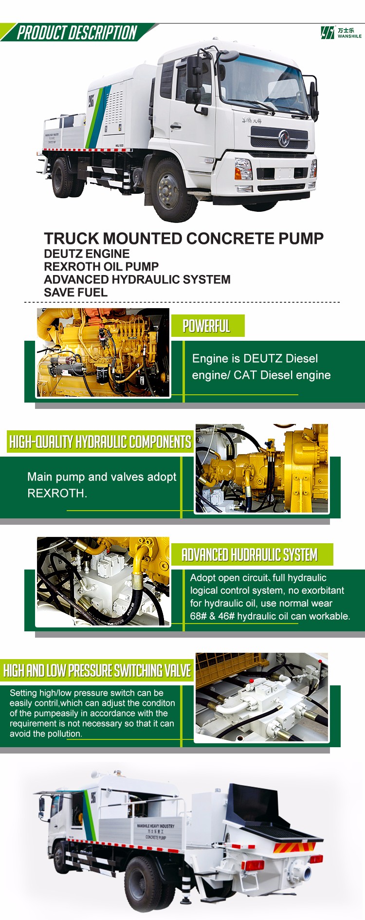 professional 195kw engine truck mounted line concrete pump