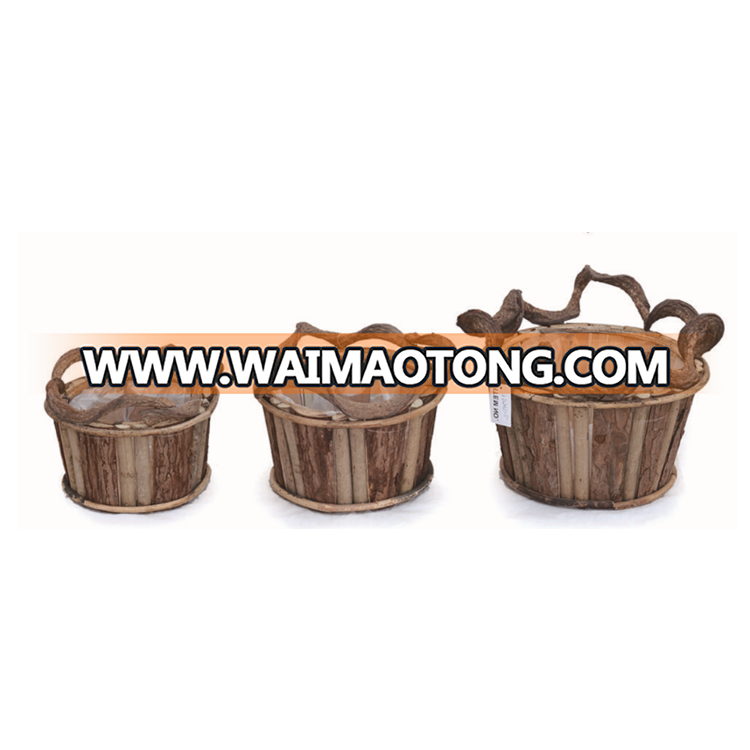 Wooden Bark Flower Planter with Rattan Handle In Three Sizes