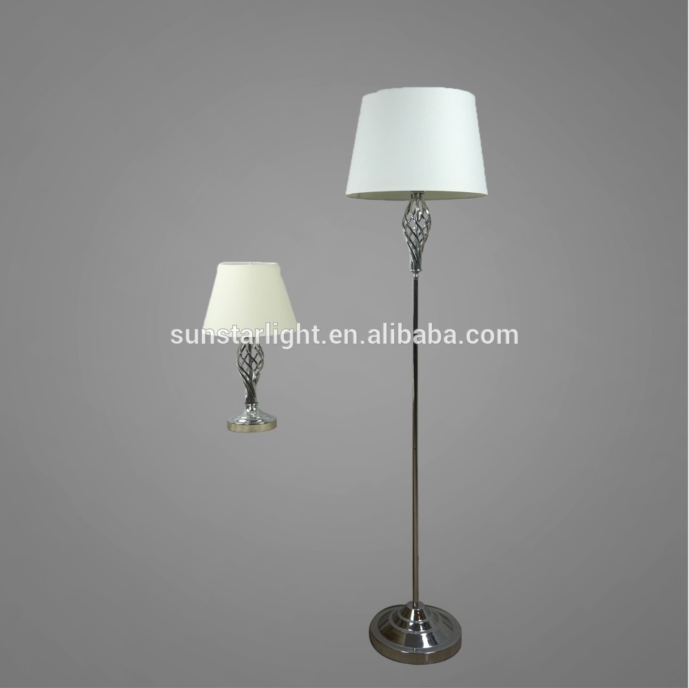 Chrome Plated Metal Base And Body With White Fabric Lampshade Floor Lamp And Table Lamp