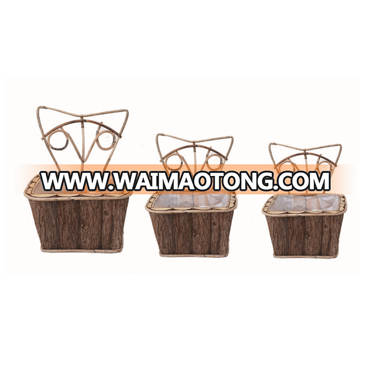 Wooden Bark Flower Planter with Rattan Handle In Three Sizes