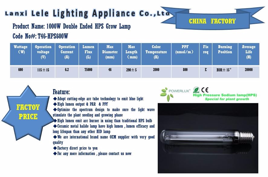 HPS Soidum Vapor 600W Grow Plant Lamp