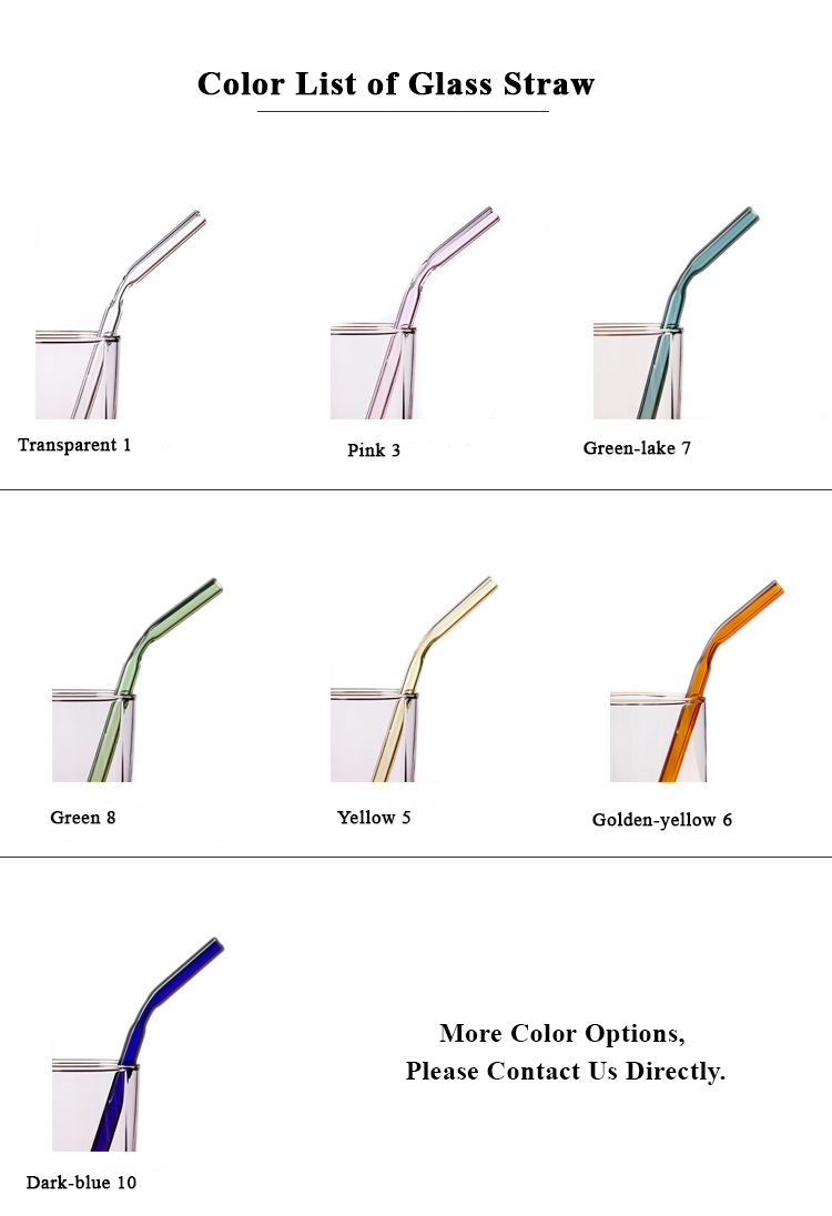 Handmade Pyrex Borosilicate Colored Bent Glass Drinking Straws With Cleaning Brush