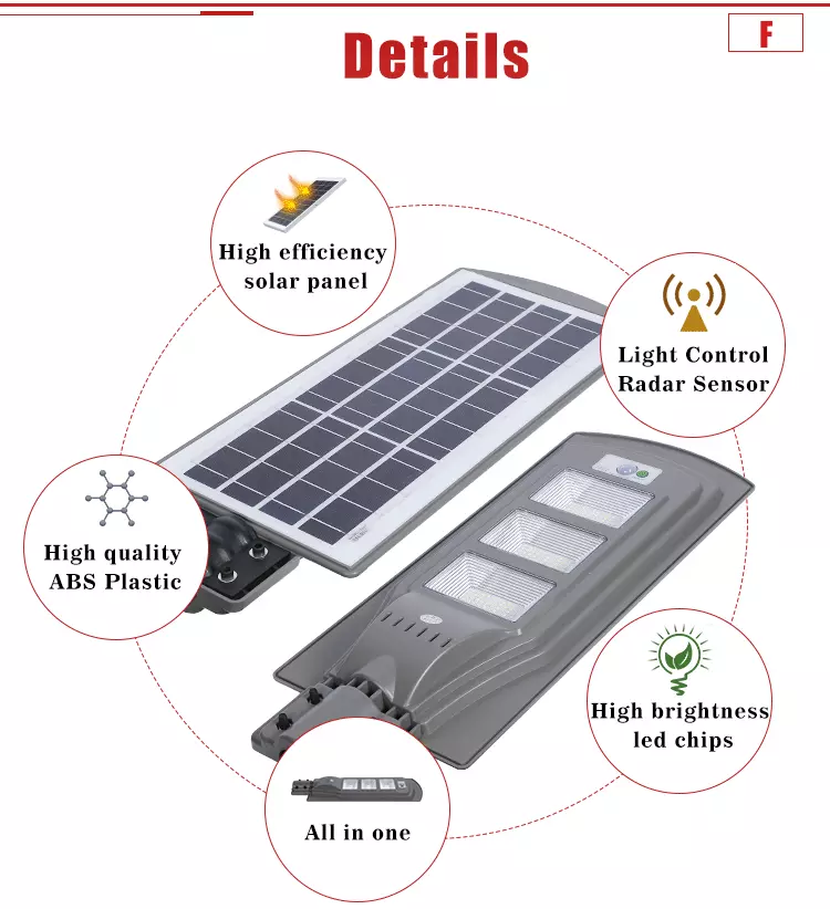 Outdoor IP65 white garden parking lot ABS solar panels all in one led street light 20W 40W 60W