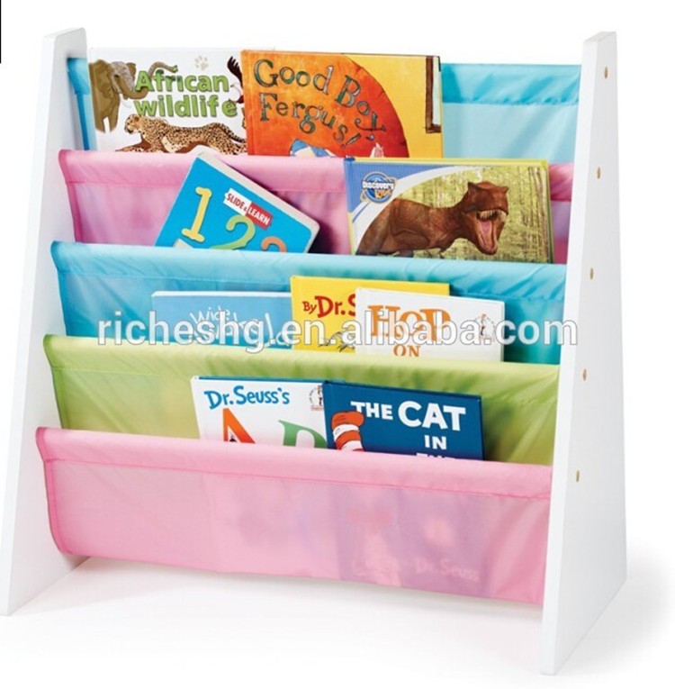 4 tier Kids' Book display Rack wooden bookcase with nylon fabric pockets kids bookcase