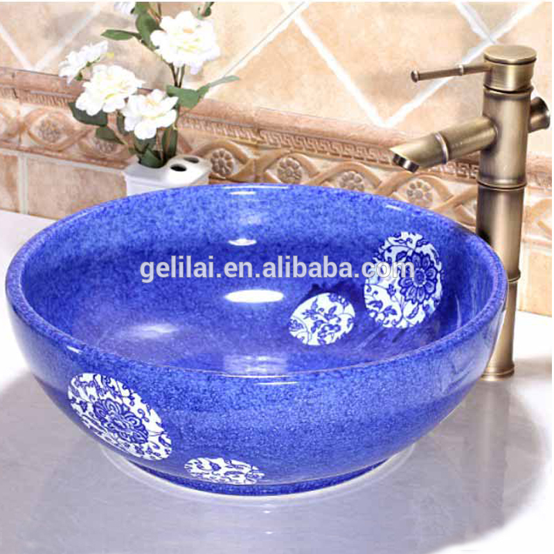 Blue color hand painting ceramic round counter basin price