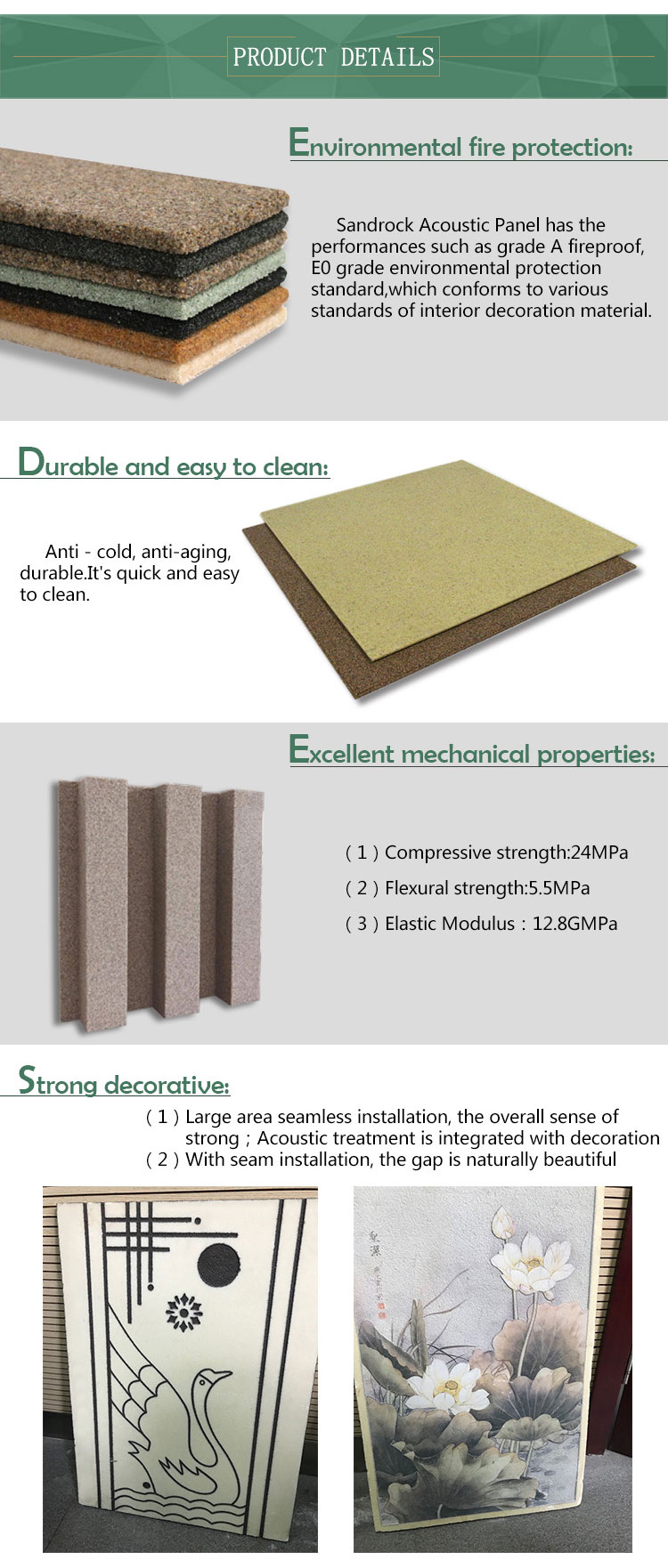 TianGe High Density Fireproof Waterproof ECO- Friendly Sandrock Sound Absorbing Panel For Wall Treatment