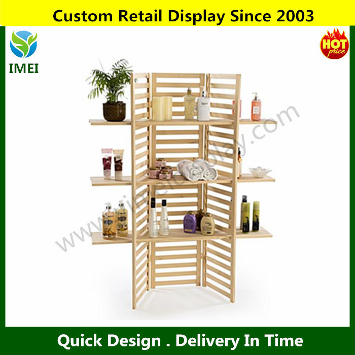 Custom Design Wooden Retail Shelving,Unit w/ 3 Shelves, Folding Panels Pine Wood Display