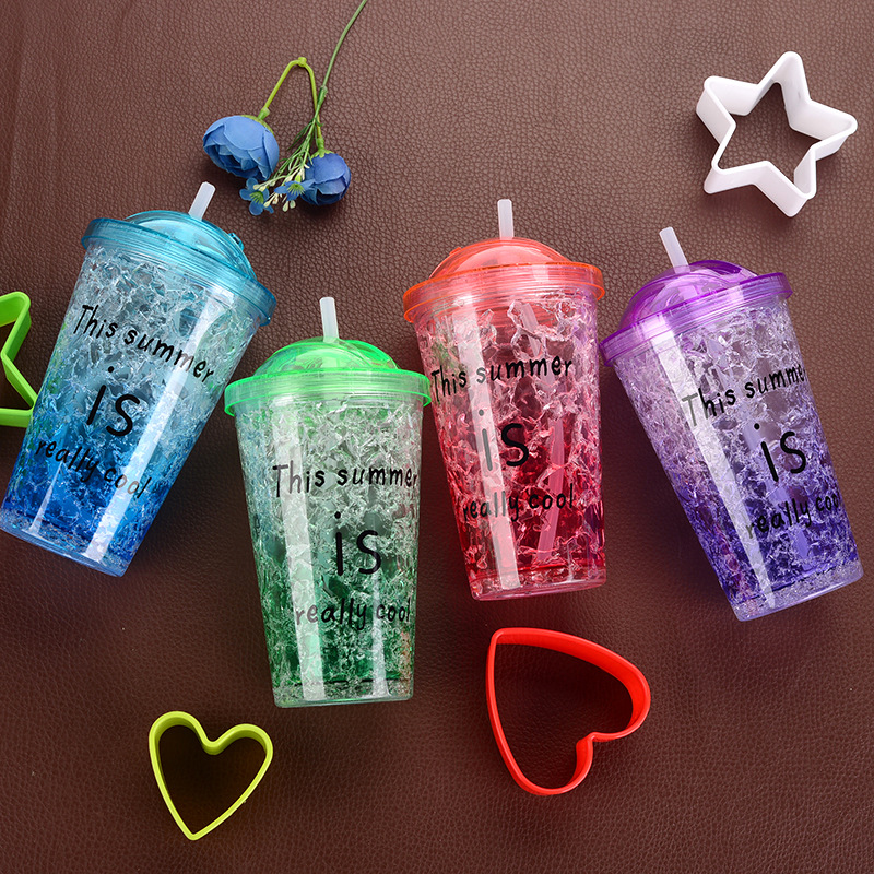 Plastic Cup Double Layer Summer Ice Cream Straw Bottle