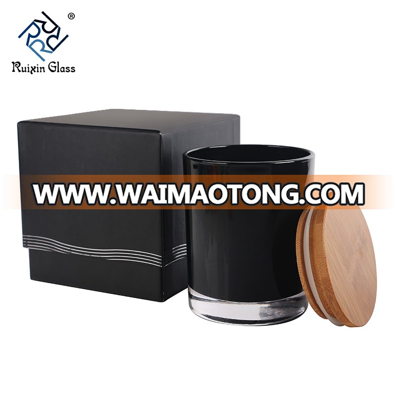 Customized Logo Glass Candlestick  Candle Holder Jar Spray Black And White Color With Bamboo Wooden Lids