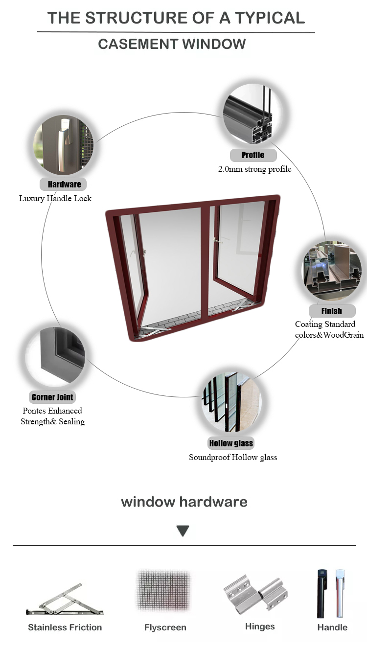 Standard power coated white color aluminum casement window with mosquito net