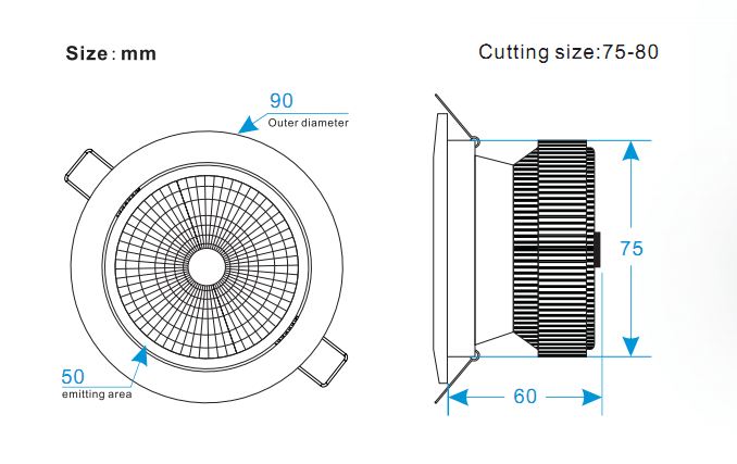 Round recessed 7watt downlight fire rated V0 led ceiling light