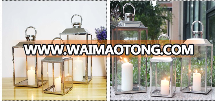 Outdoor set of 3 iron shiny color silver garden candle holder lantern with stainless steel handle