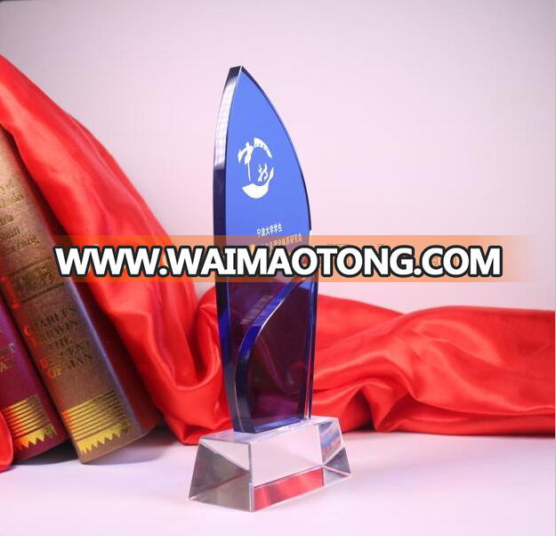 Blue Color Sailing Shape Crystal Hand Trophy For any Competitions