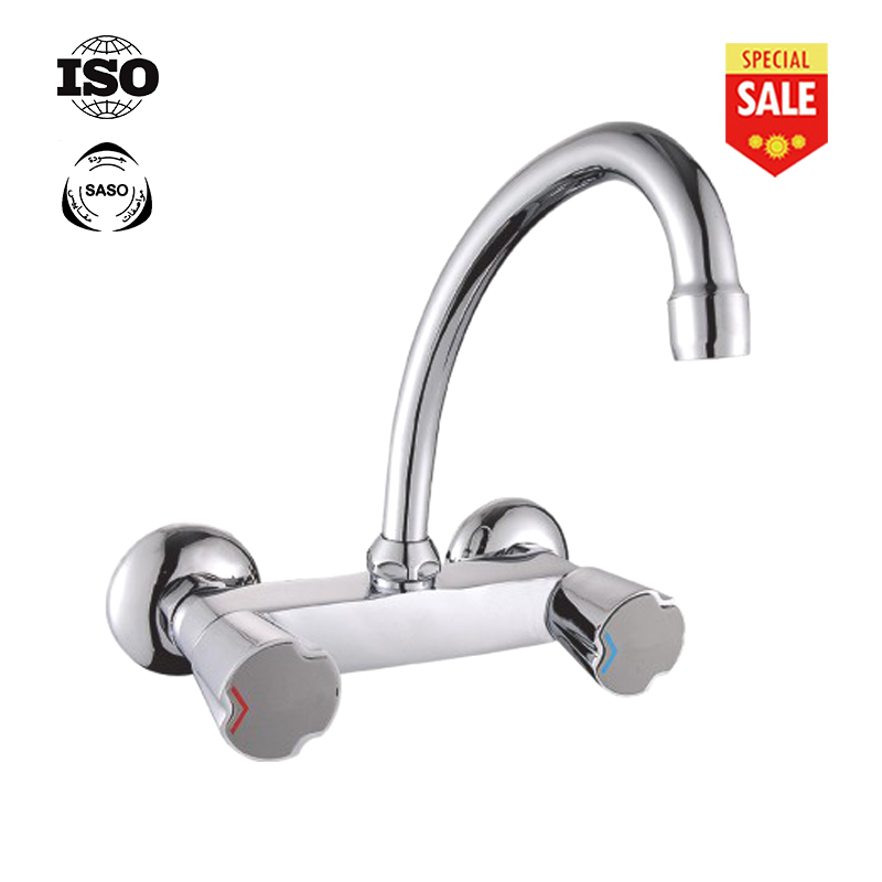 double-handle washbasin mixer tap wall-mounted brass chromed metal