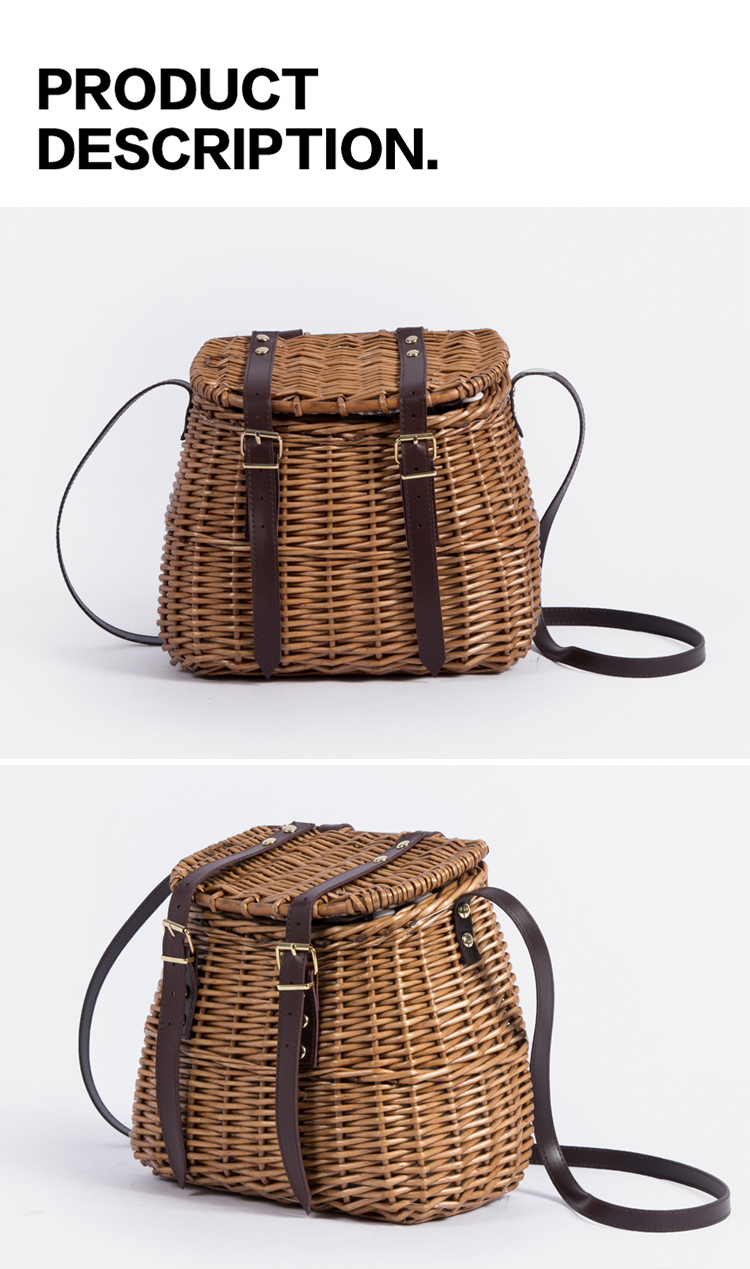 Long leather shoulder strap small custom storage container 2 persons weaving rattan wicker willow picnic hampers bag basket