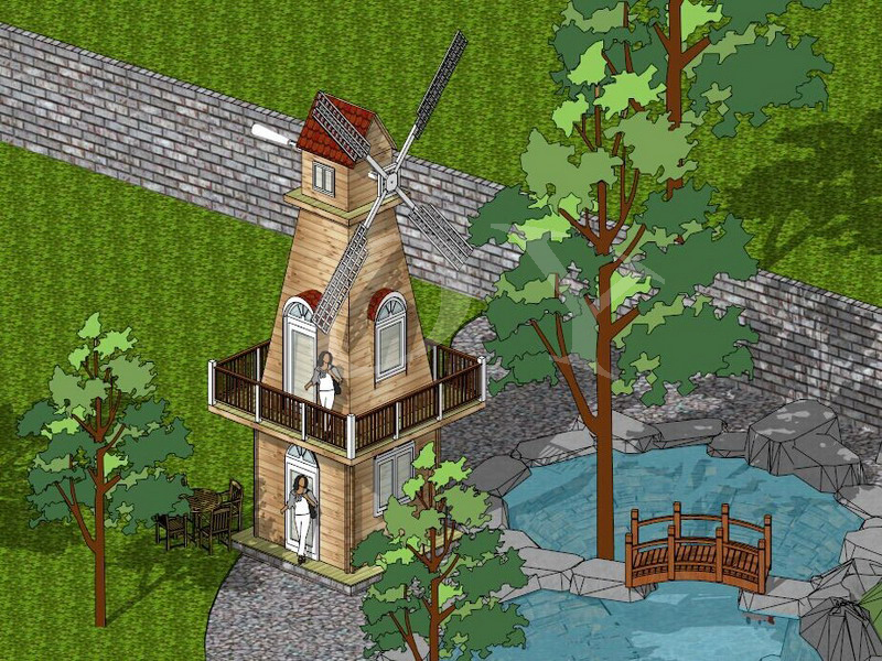 Russian pine wood landscape windmill