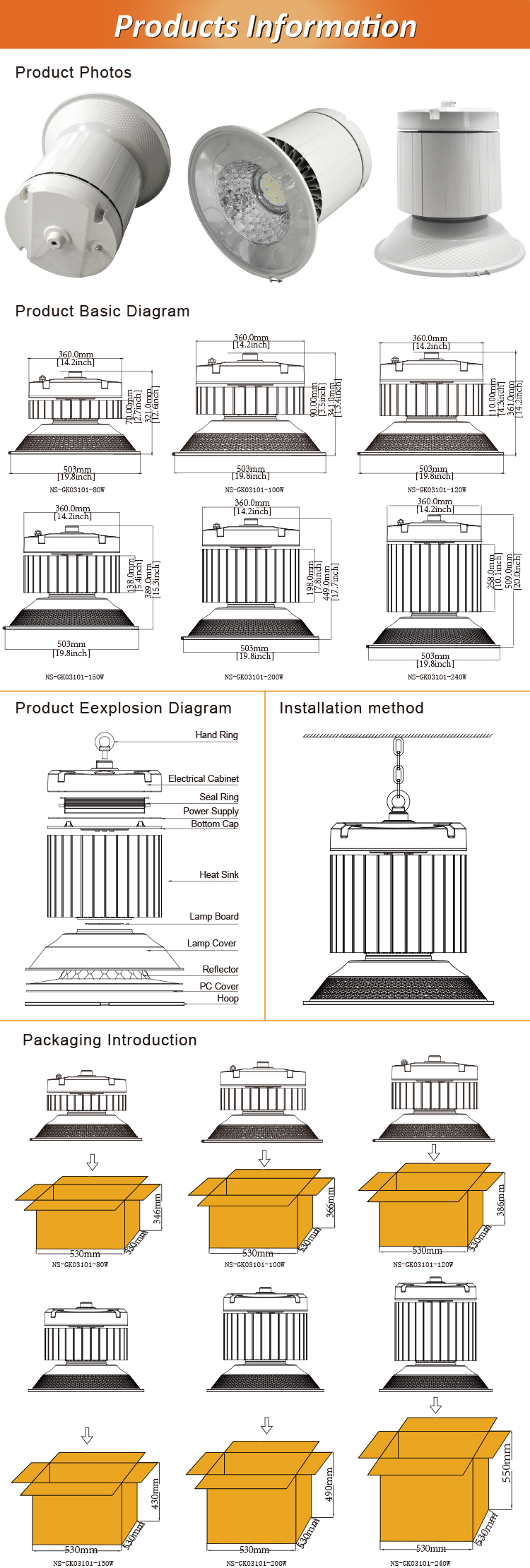 5-year warranty high quality 50w 100w 150w 200w 250w high temp led high bay