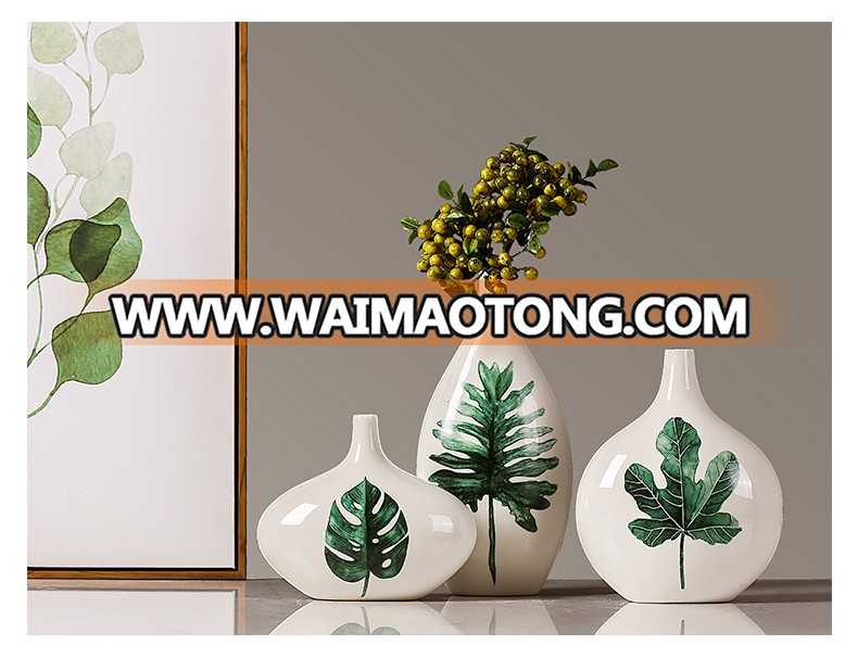 2017 trending green leaf painting factory newly designed ceramic vase wholesale