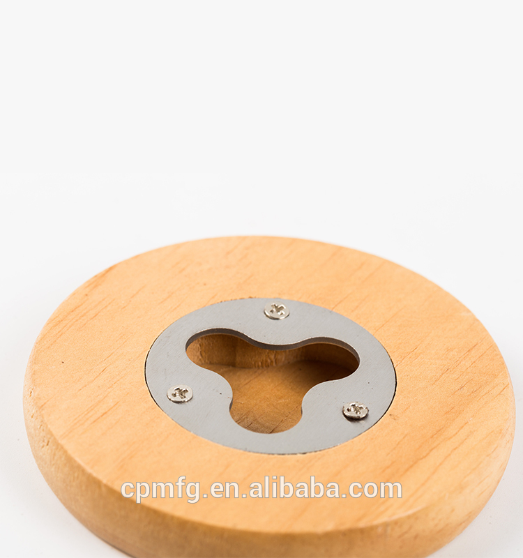 eco friendly magnetic round wood coaster bottle opener