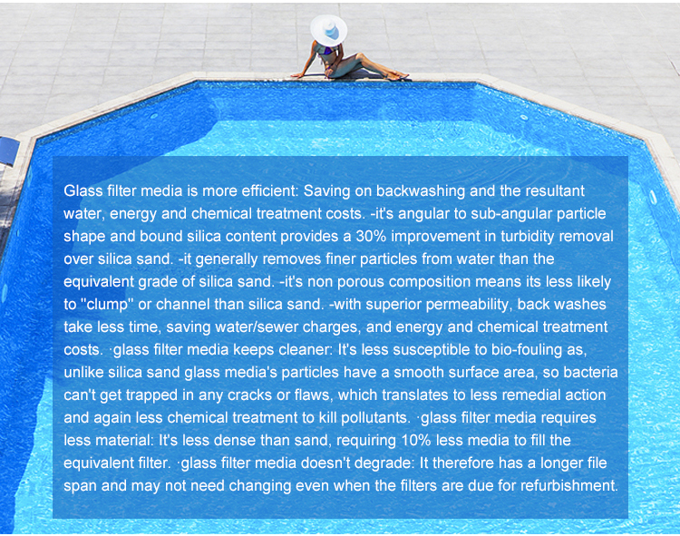 Water filter glass media for swimming pool water treatment