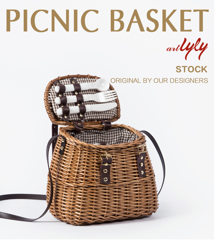 Long leather shoulder strap small custom storage container 2 persons weaving rattan wicker willow picnic hampers bag basket